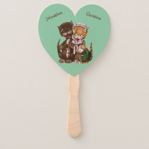 Loving Cat Couple Sharing Rats Mint Green Hand Fan