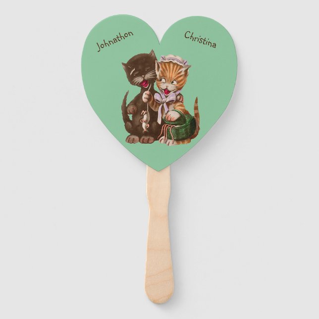 Loving Cat Couple Sharing Rats Mint Green Hand Fan (Front)