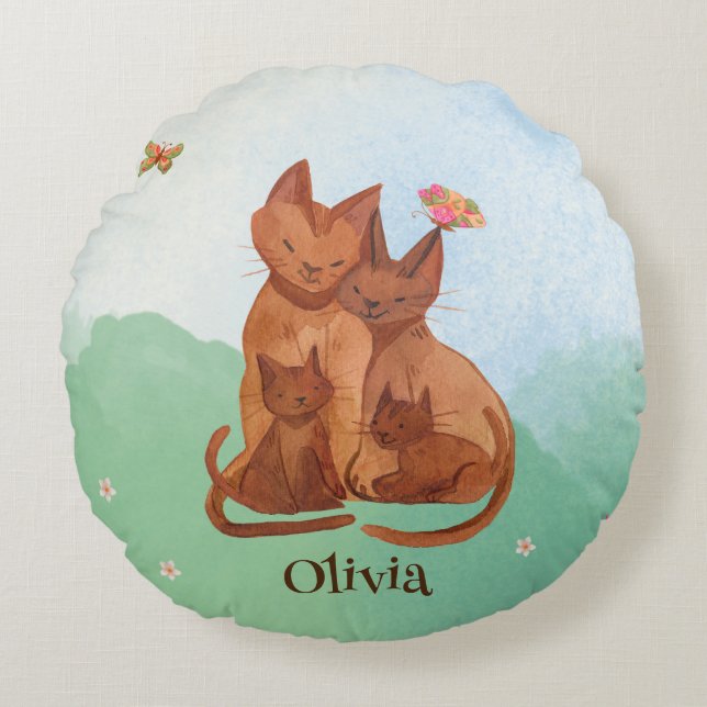Loving Cat Family Round Pillow (Front)