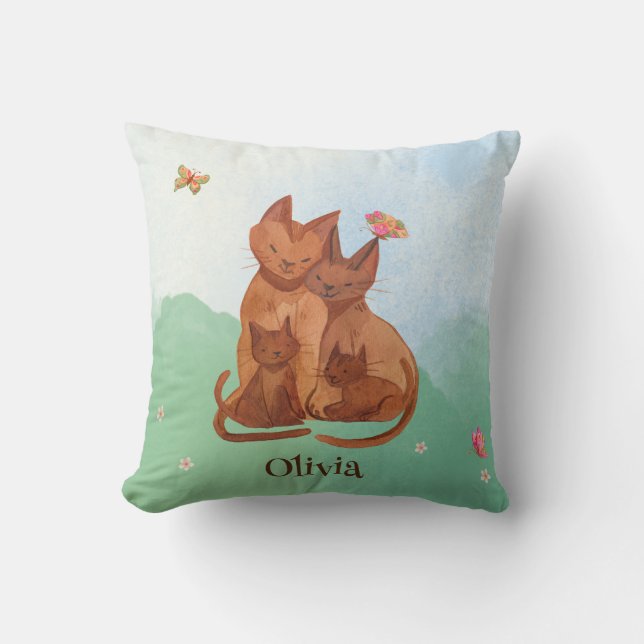 Loving Cat Family Throw Pillow (Front)