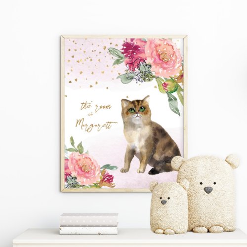 Loving Cat Illustration Flowers Baby Girl Nursery Poster