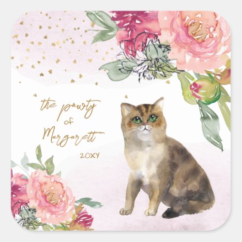 Loving Cat Illustration Happy Birthday Girl Party Square Sticker