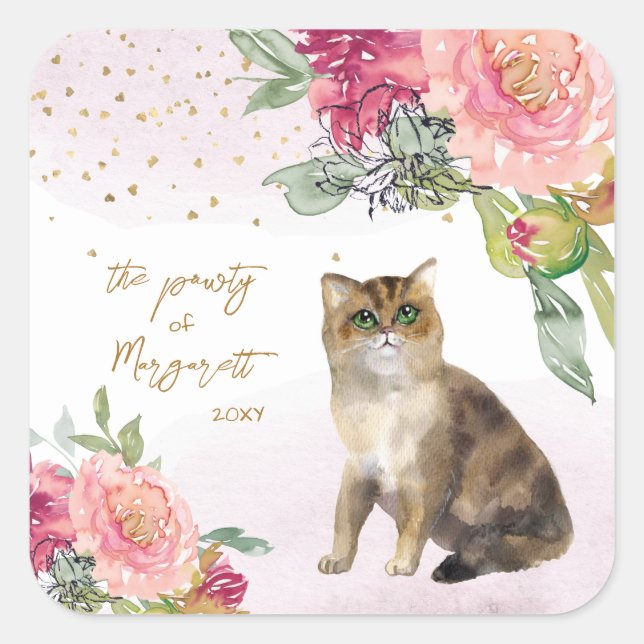 Loving Cat Illustration Happy Birthday Girl Party Square Sticker (Front)