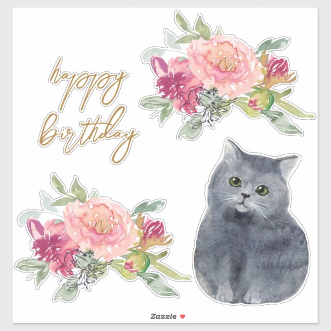 Loving Cat Illustration Happy Birthday Girl Party Sticker (Sheet)