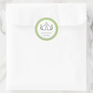 Loving Cats Heart Green & White Gingham Names Classic Round Sticker