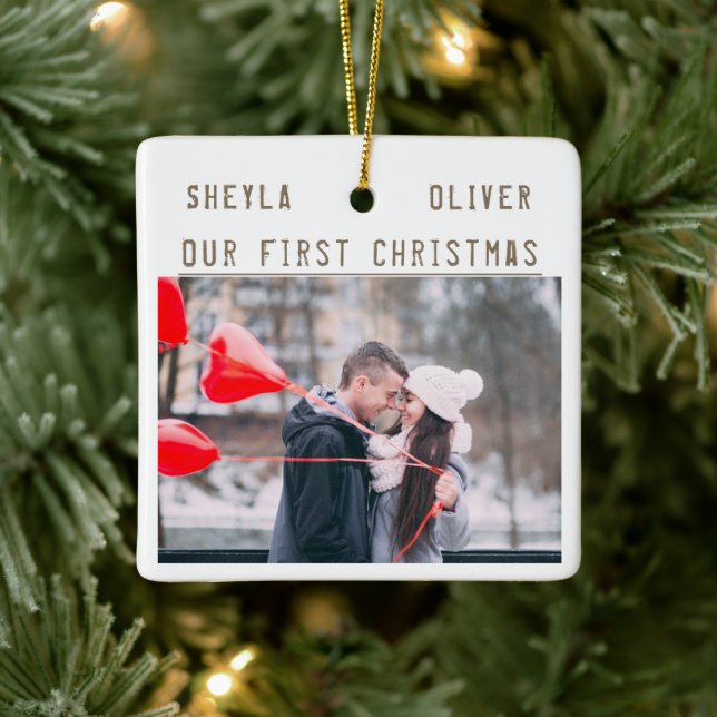 Loving Couple 1st Christmas Keepsake 2 Photos Ceramic Ornament (Tree)