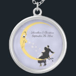 Loving Couple Sitting on Crescent Moon Stars Silver Plated Necklace<br><div class="desc">This round pendant style necklace is light blue with a loving couple sitting on a yellow crescent moon with a scattering of white stars behind them.  customize your names and date with the template.</div>