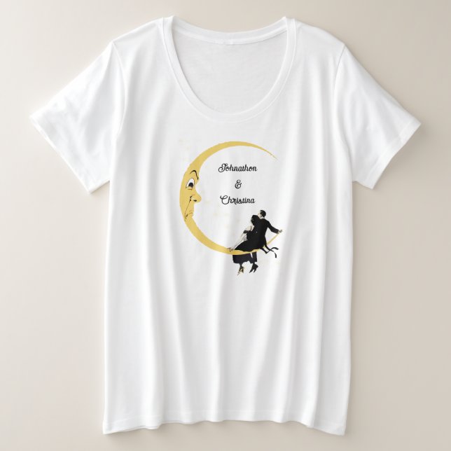 Loving Couple Sitting on Crescent Moon With Face Plus Size T-Shirt (Design Front)