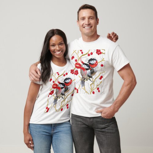 Loving Cuddling Christmas Chickadees Couple T_Shirt