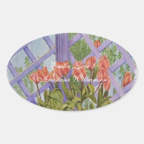 LOVING EASTER ORANGE TULIPS  OVAL STICKER