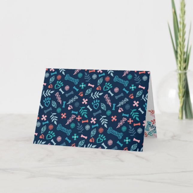 Loving Floral & Foliage Pet Paw Print Pattern Navy Card (Front)
