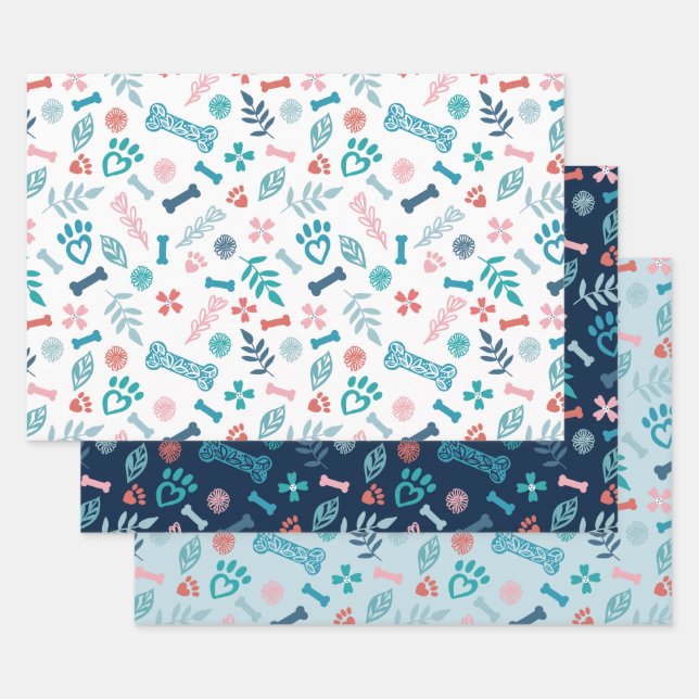 Loving Floral & Foliage Pet Paw Print Wrapping Paper Sheets (Set)