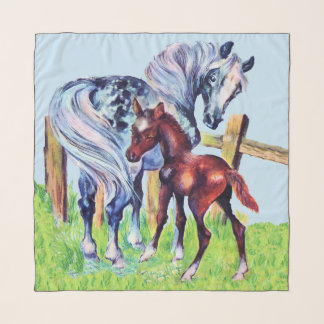 Loving Gray Mother Horse Brown Colt Grass Fence Scarf