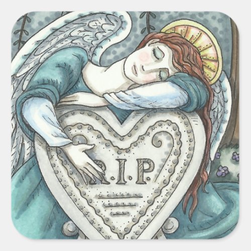 LOVING GUARDIAN ANGEL CEMETERY MOURNING ART RIP SQUARE STICKER