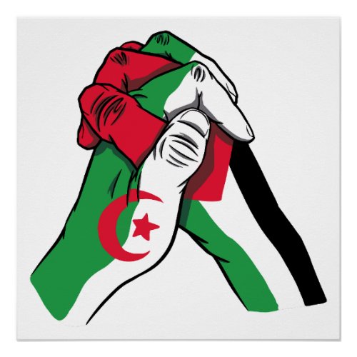 loving handshake between palestine and algeria poster