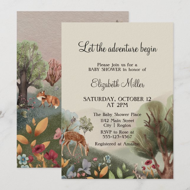  Loving Illustrated Flowers Trees Deer Baby Shower Invitation (Front/Back)