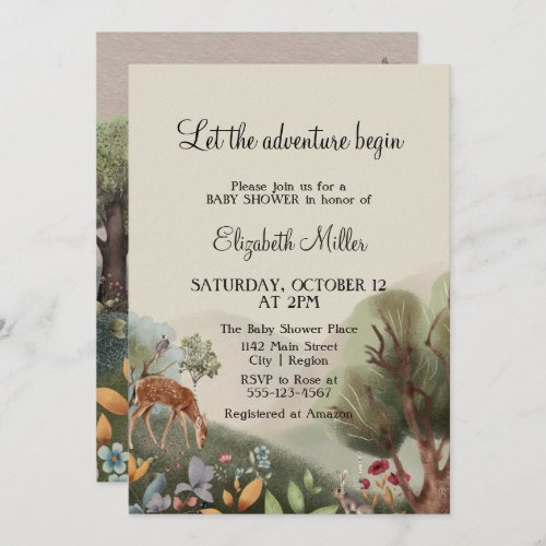  Loving Illustrated Flowers Trees Deer Baby Shower Invitation