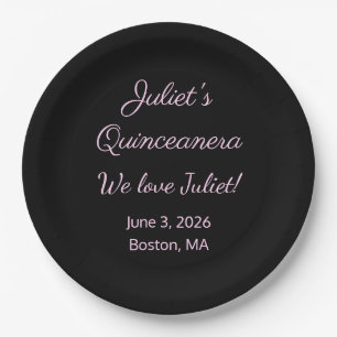Loving Letters: Black & Pink Quinceanera  Paper Plates
