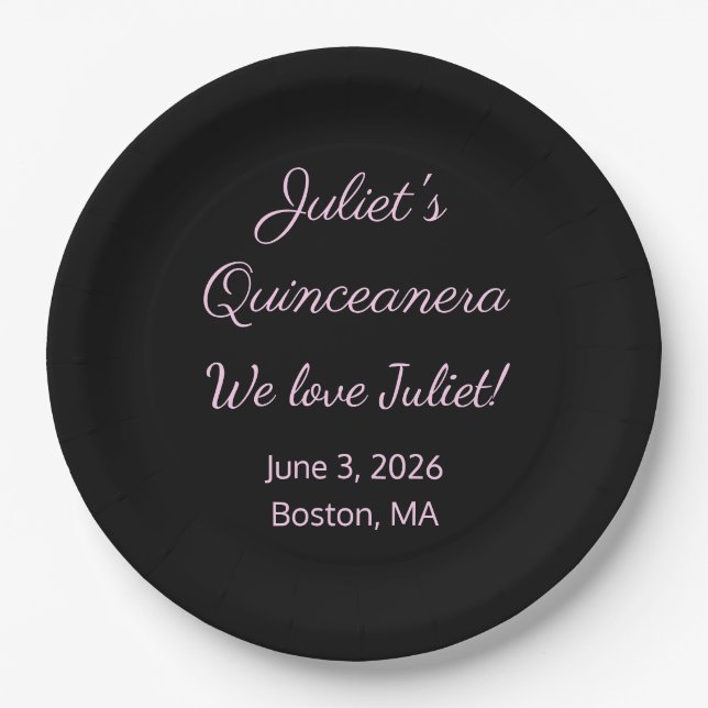 Loving Letters: Black & Pink Quinceanera  Paper Plates (Front)