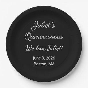 Loving Letters: Black & White Quinceanera Paper Plates