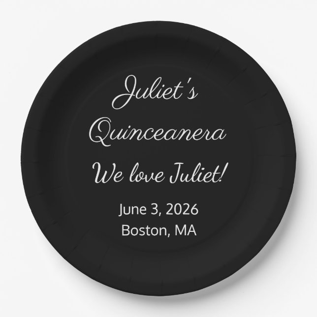 Loving Letters: Black & White Quinceanera  Paper Plates (Front)