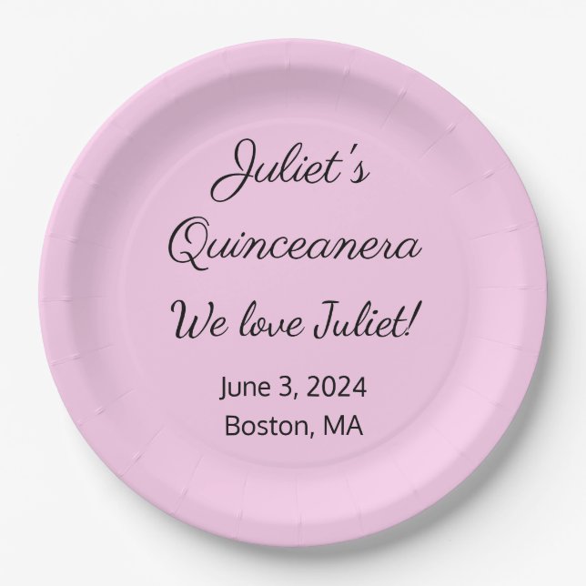 Loving Letters: Pink & Black Quinceanera  Paper Plates (Front)
