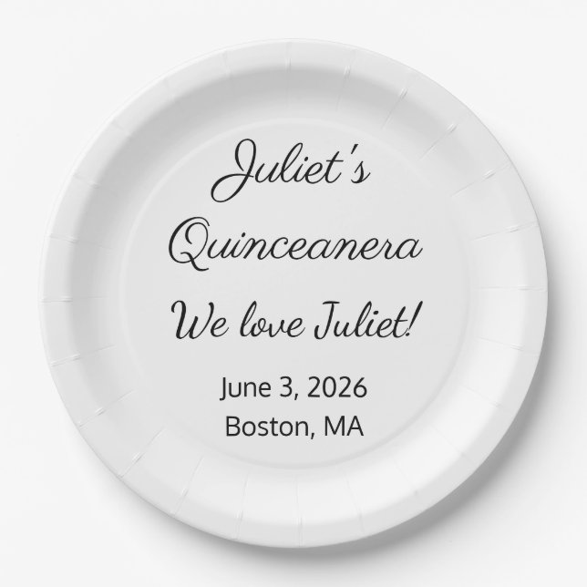 Loving Letters: White & Black Quinceanera  Paper Plates (Front)