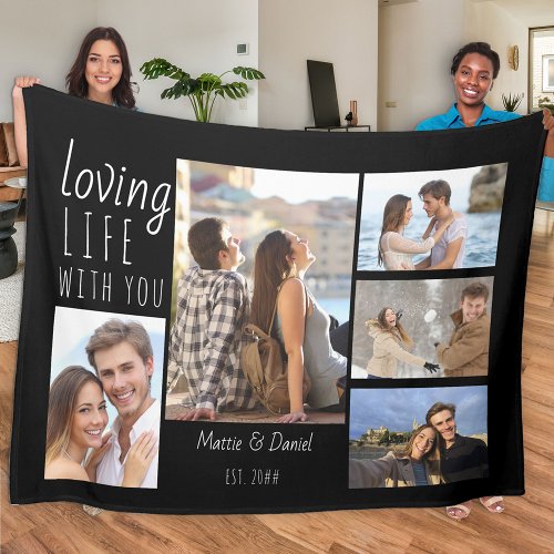 Loving Life with You 5 Photo Collage Black Fleece Blanket