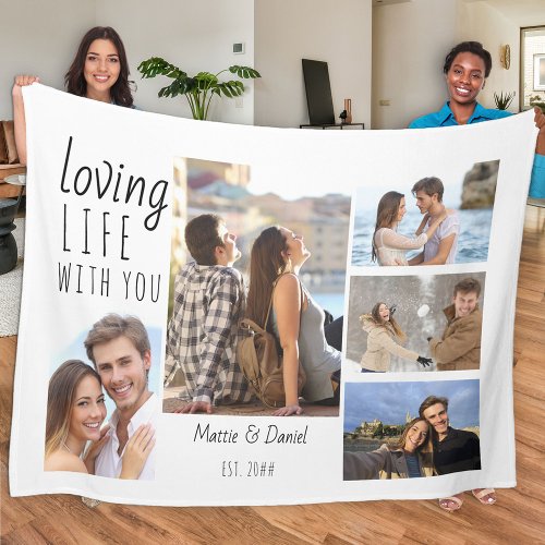 Loving Life with You 5 Photo Collage White Fleece Blanket
