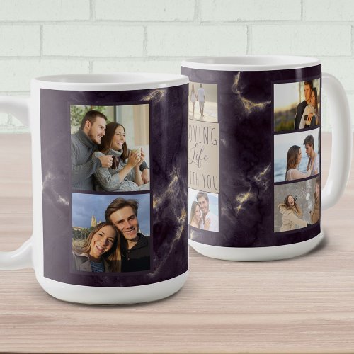 Loving Life With You _ 7 Photo Collage Dark Marble Coffee Mug