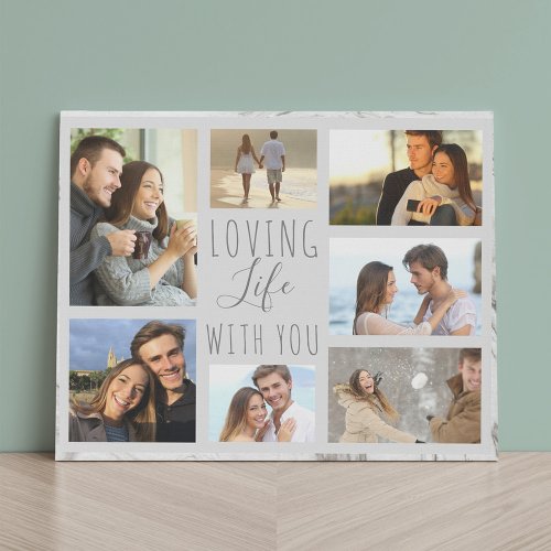 Loving Life with You 7 Photo Collage _ Grey Marble Faux Canvas Print