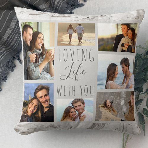 Loving Life with You 7 Photo Collage Grey Marble Throw Pillow