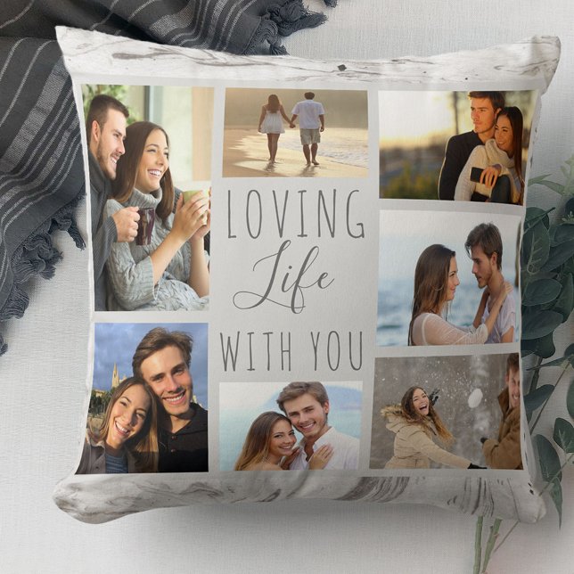 Loving Life with You 7 Photo Collage Grey Marble Throw Pillow (Creator Uploaded)