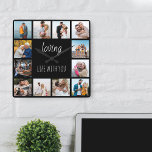 Loving Life with You Quote 12 Photo Black Square Wall Clock<br><div class="desc">Photo clock with happy quote and 12 of your favorite pictures of family and friends. The photo template is set up for you to create your own grid style photo collage to frame the quote reads "loving life with you". The design is lettered in neat script and skinny font typography...</div>
