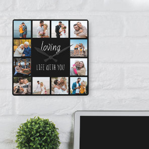 Loving Life with You Quote 12 Photo Black Square Wall Clock
