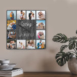 Loving Life with You Quote 12 Photo Grey Wood Square Wall Clock<br><div class="desc">Photo clock with happy quote and 12 of your favorite pictures of family and friends. The photo template is set up for you to create your own grid style photo collage to frame the quote reads "loving life with you". The design is lettered in neat script and skinny font typography...</div>