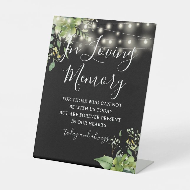 Loving Memory Black Greenery String Lights Wedding Pedestal Sign (Front)