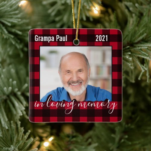 Loving Memory Christmas Keepsake Red Plaid 2 Photo Ceramic Ornament - Celebrate your loved one with a rustic red and black buffalo check plaid memorial christmas ornament. This unique in loving memory ornament keepsake is the perfect gift for yourself, family or friends to pay tribute to your loved one. This memorial ornament features elegant script on a red buffalo plaid background. 
Quote " In Loving Memory "
Customize with favorite photos, and name an year  . Ornament is double sided, you can do 2 favorite photos, one on each side.
See 'personalize this template' to change photo and name .  COPYRIGHT © 2020 Judy Burrows, Black Dog Art - All Rights Reserved. Loving Memory Christmas Keepsake Red Plaid 2 Photo Ceramic Ornament