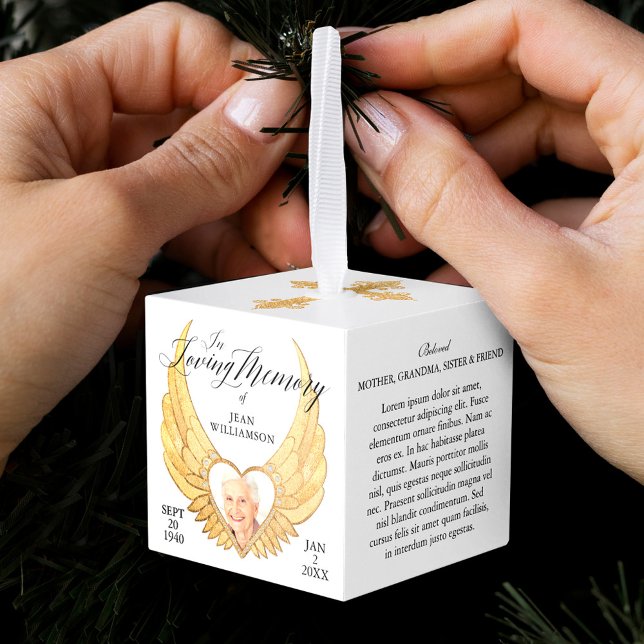 Loving Memory Gold Angel Wings Photo Keepsake  Cube Ornament (Loving Memory Gold Angel Wings Photo Keepsake Cube Ornament)