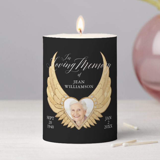 Loving Memory Gold Angel Wings Photo Keepsake Pillar Candle (In Situ)