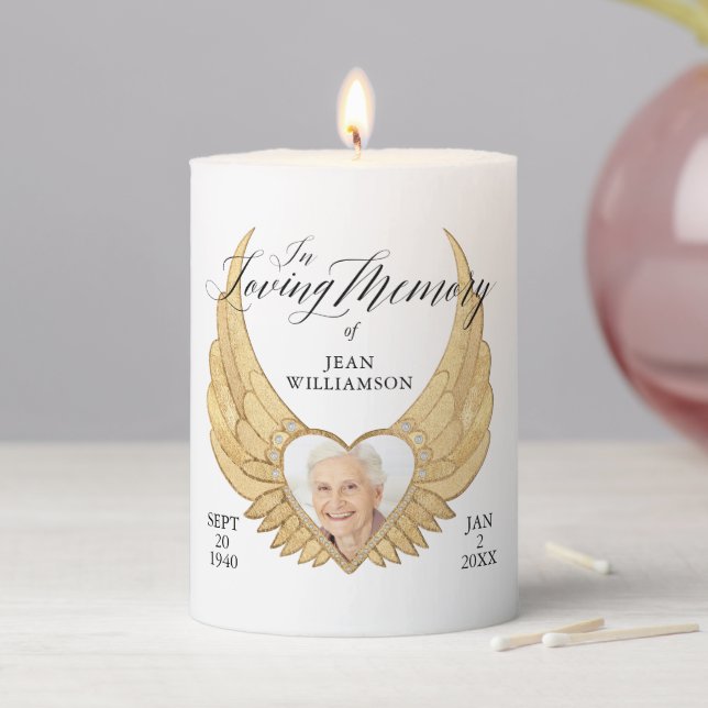 Loving Memory Gold Angel Wings Photo Keepsake Pillar Candle (In Situ)