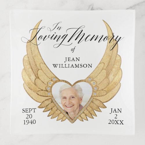 Loving Memory Gold Angel Wings Photo Keepsake Trinket Tray