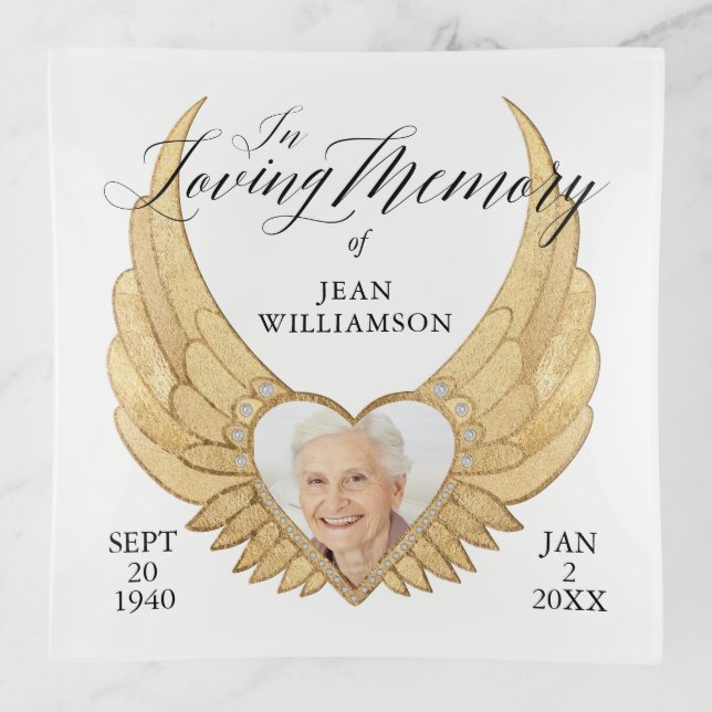 Loving Memory Gold Angel Wings Photo Keepsake Trinket Tray (Front)