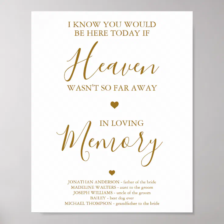 Loving Memory Gold Heaven Poem Wedding Memorial Poster | Zazzle