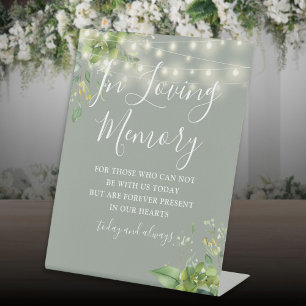 Loving Memory Greenery Lights Sage Green Wedding Pedestal Sign