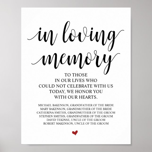 Loving Memory In Our Heart Memorial table Sign (Front)