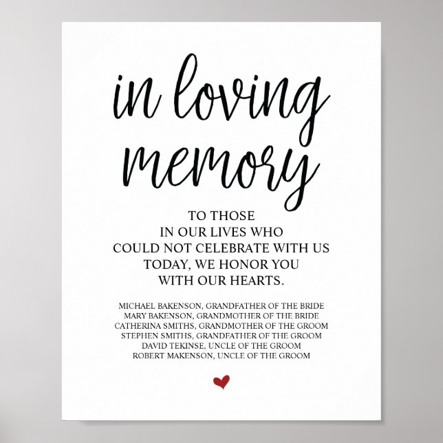 Loving Memory In Our Heart Memorial table Sign (Front)