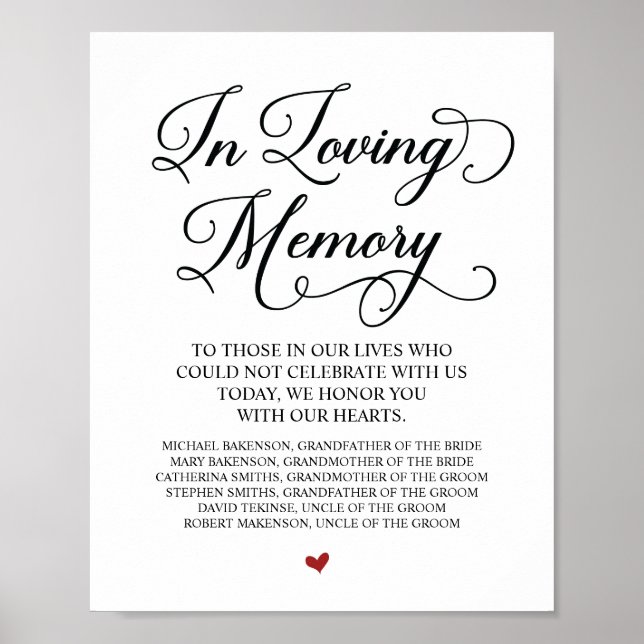 Loving Memory In Our Heart Memorial table Sign (Front)