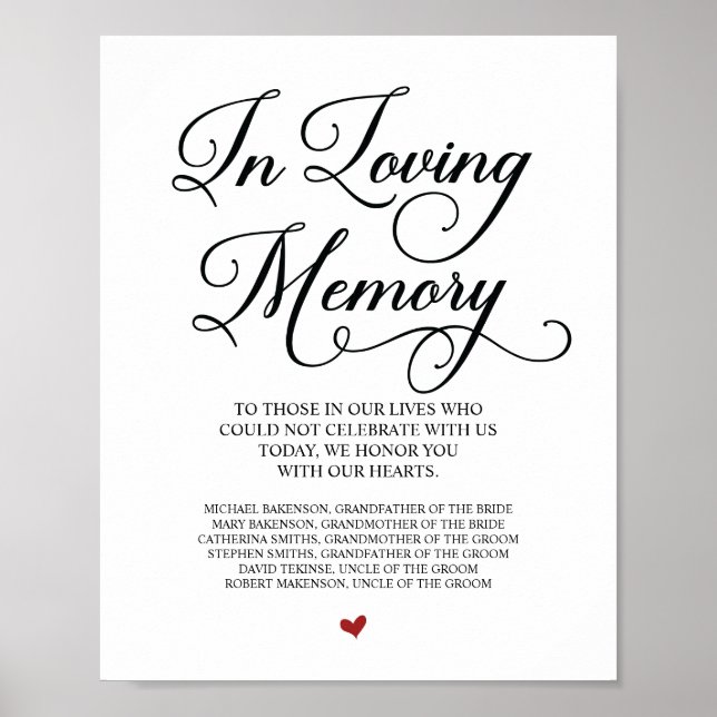 Loving Memory In Our Heart Memorial table Sign (Front)