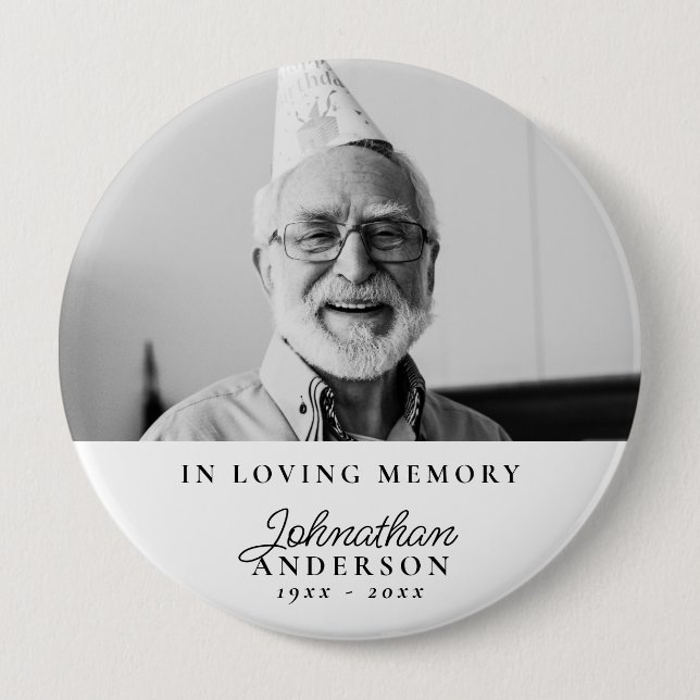 Loving Memory Modern Black & White Photo Funeral Button (Front)